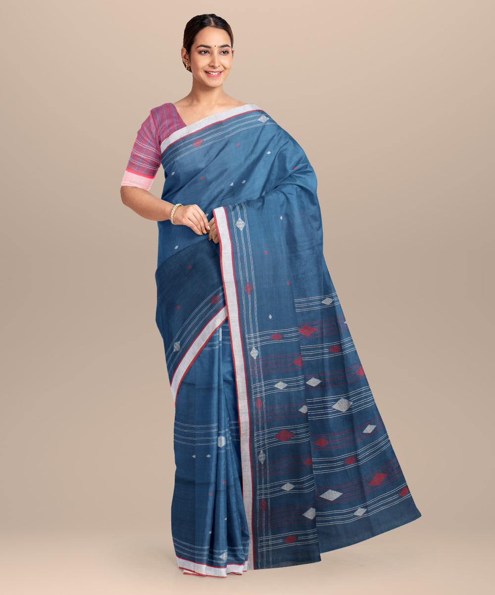 Blue maroon handloom jamdani cotton saree