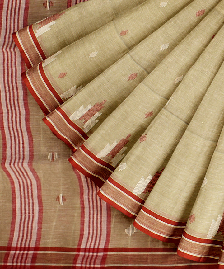 Sage green red handloom jamdani cotton saree