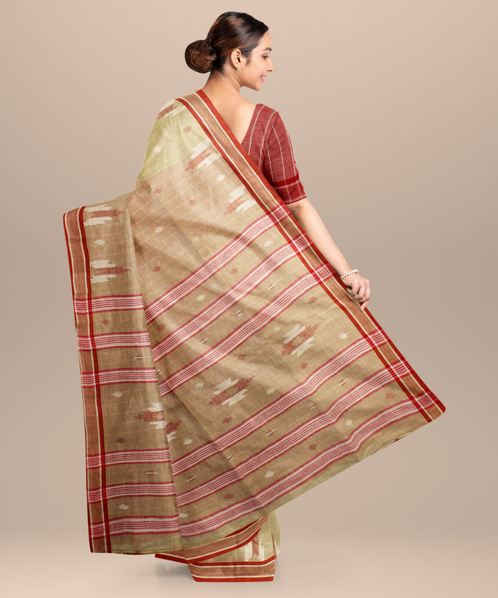 Sage green red handloom jamdani cotton saree