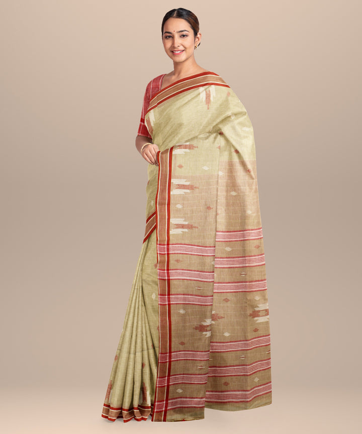Sage green red handloom jamdani cotton saree
