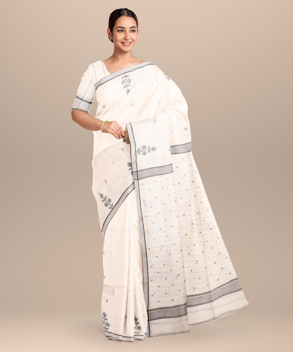 White black handloom jamdani cotton saree