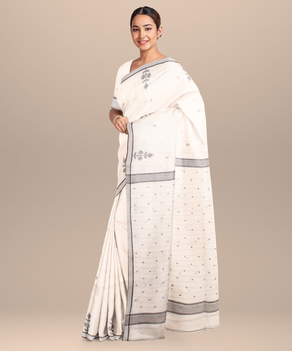 White black handloom jamdani cotton saree