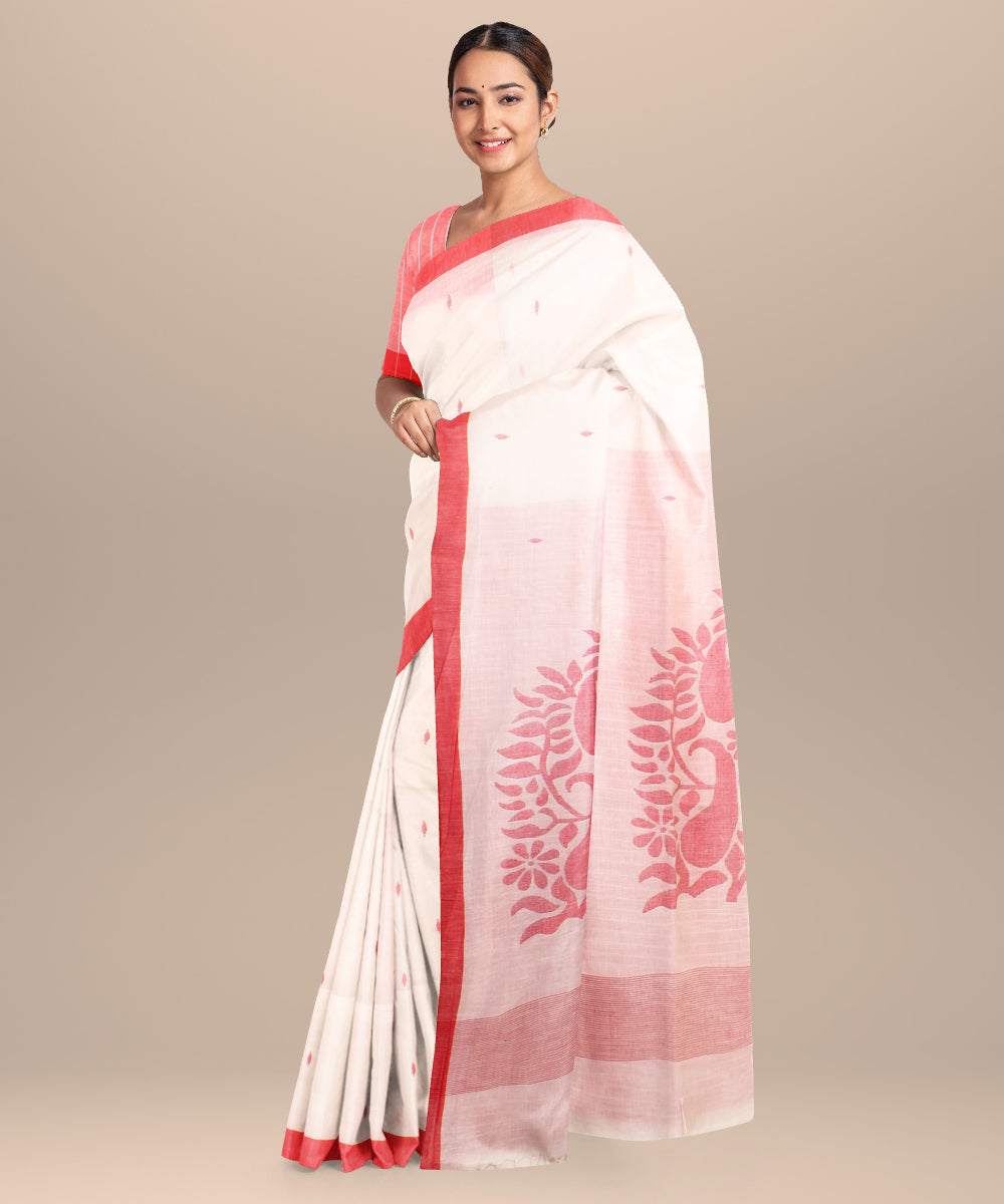 White red cotton jamdani handloom saree