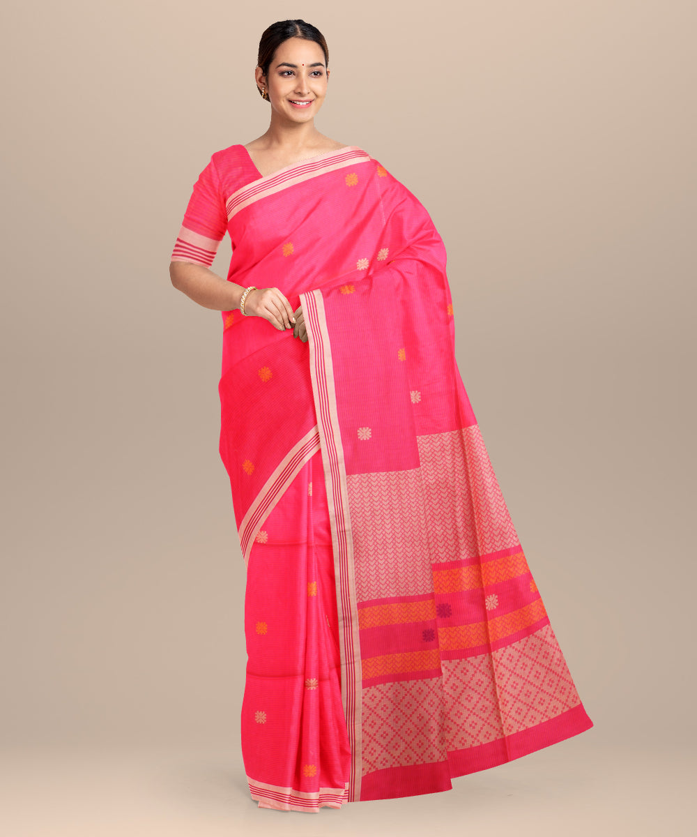 Pink yellow handloom jamdani cotton saree