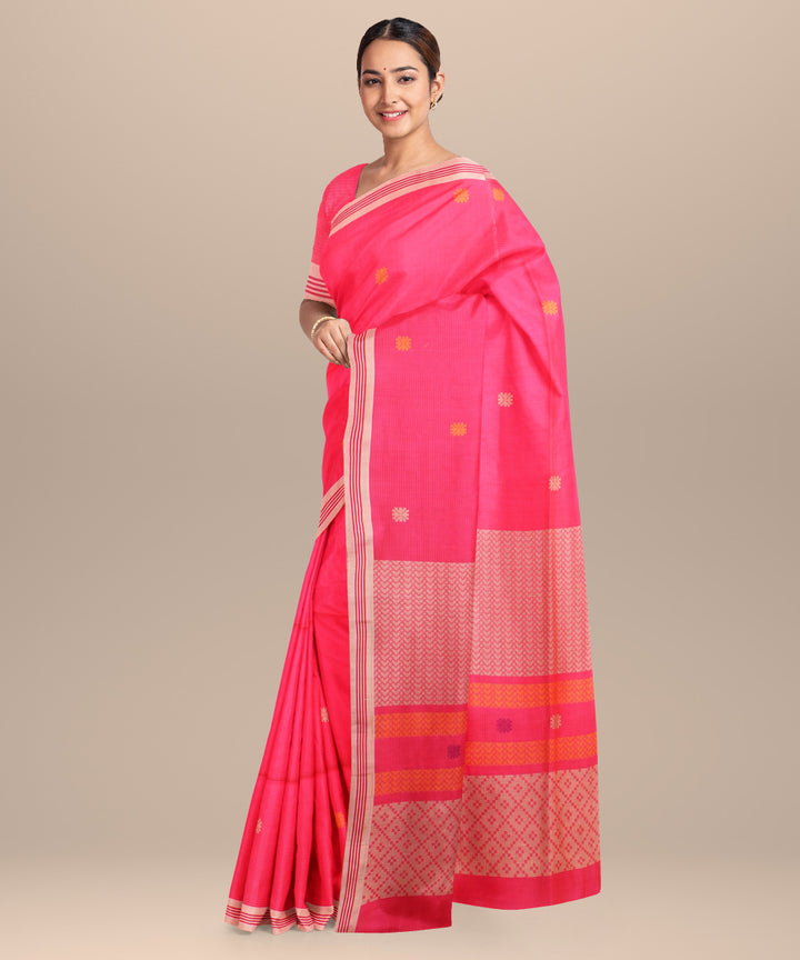 Pink yellow handloom jamdani cotton saree
