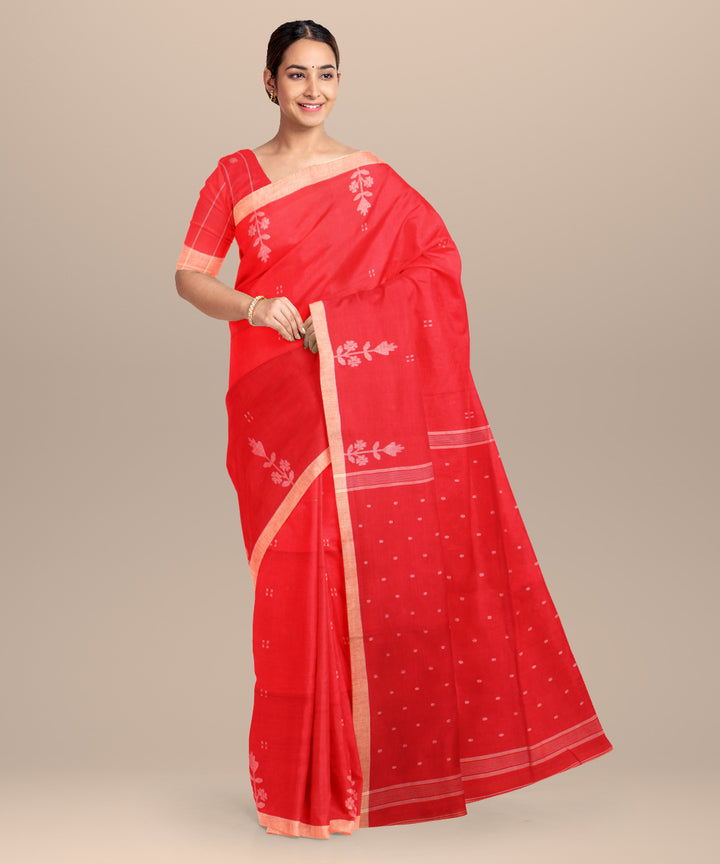 Red beige handloom jamdani cotton saree