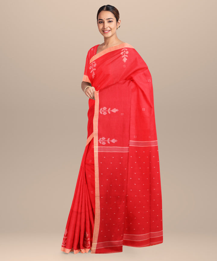 Red beige handloom jamdani cotton saree
