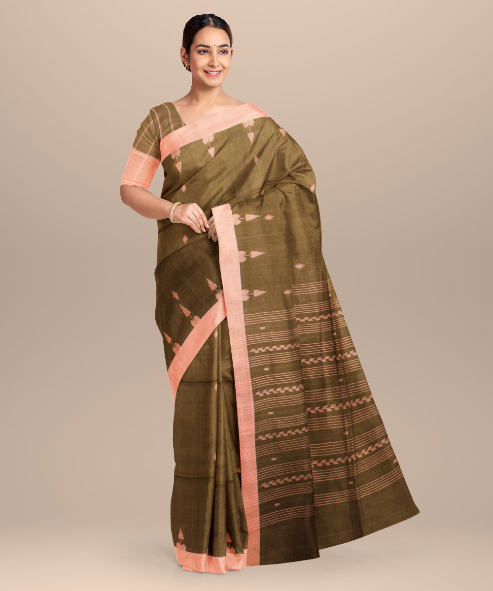 Olive beige handloom jamdani cotton saree