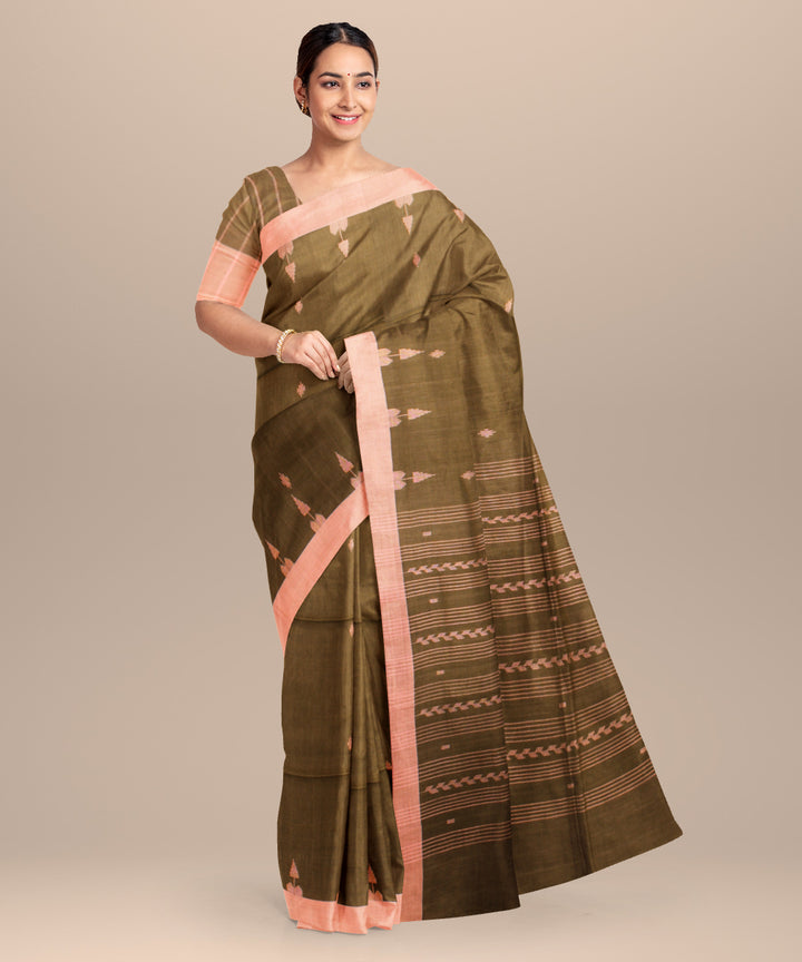 Olive beige handloom jamdani cotton saree