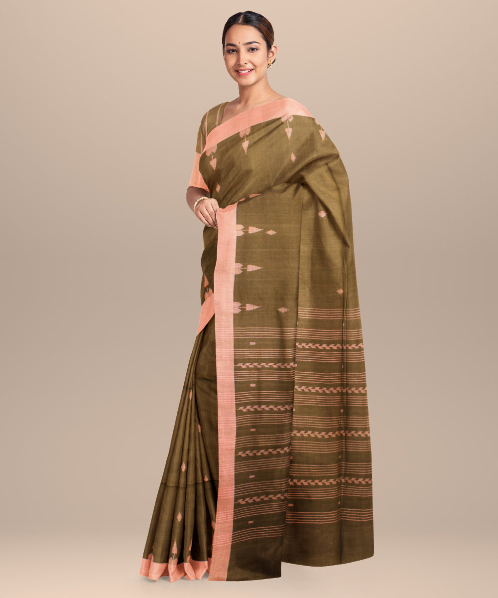 Olive beige handloom jamdani cotton saree