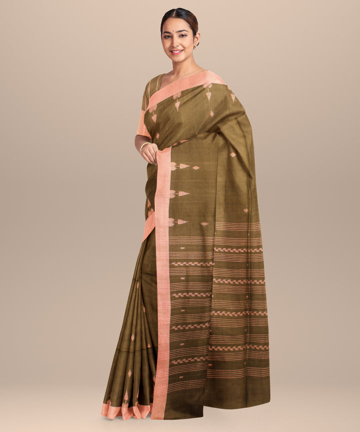 Olive beige handloom jamdani cotton saree