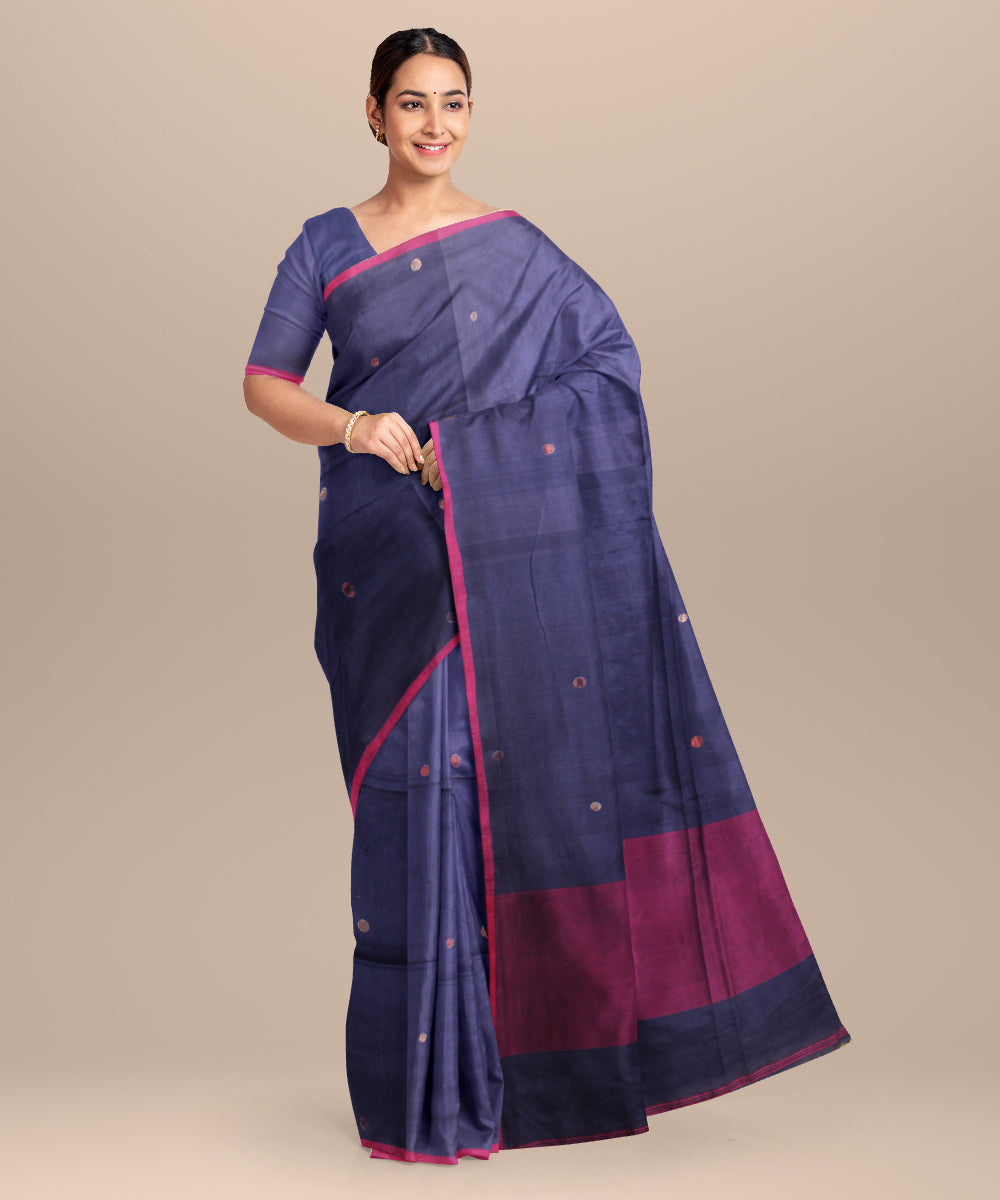Navy blue purple handloom jamdani cotton saree