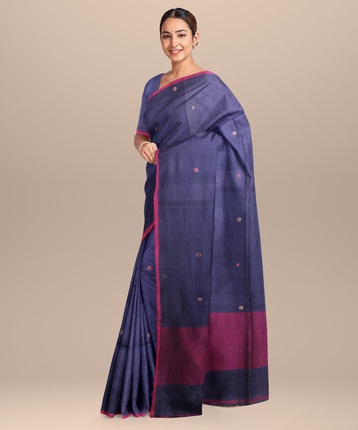 Navy blue purple handloom jamdani cotton saree