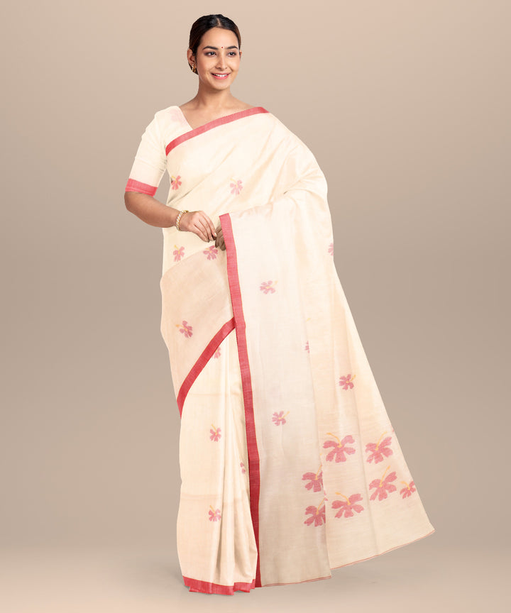Off white red handloom jamdani cotton saree