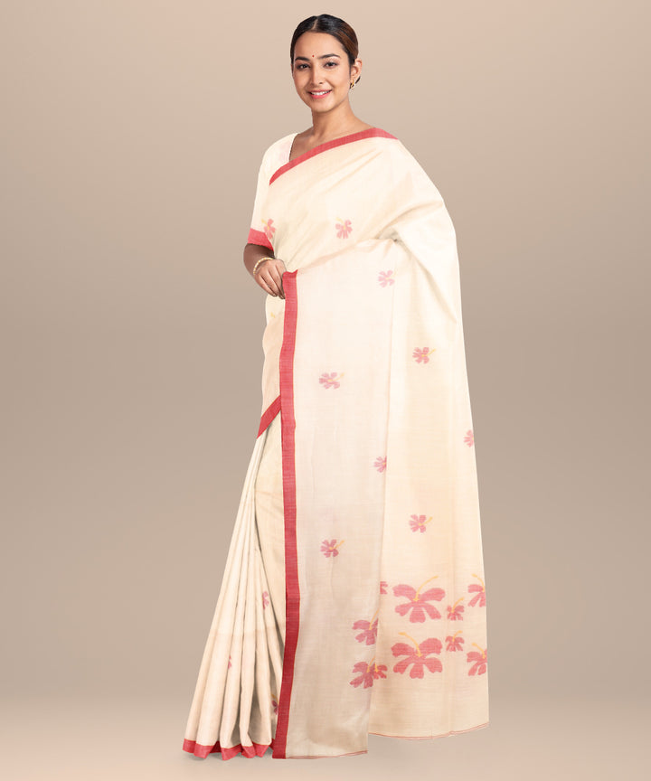 Off white red handloom jamdani cotton saree