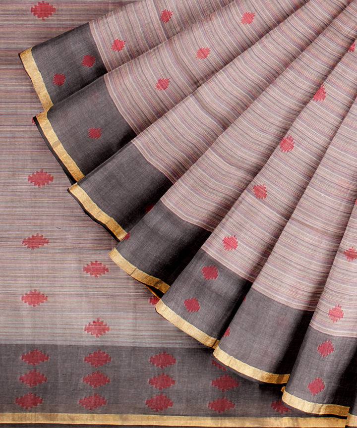 Grey red jamdani handloom cotton saree