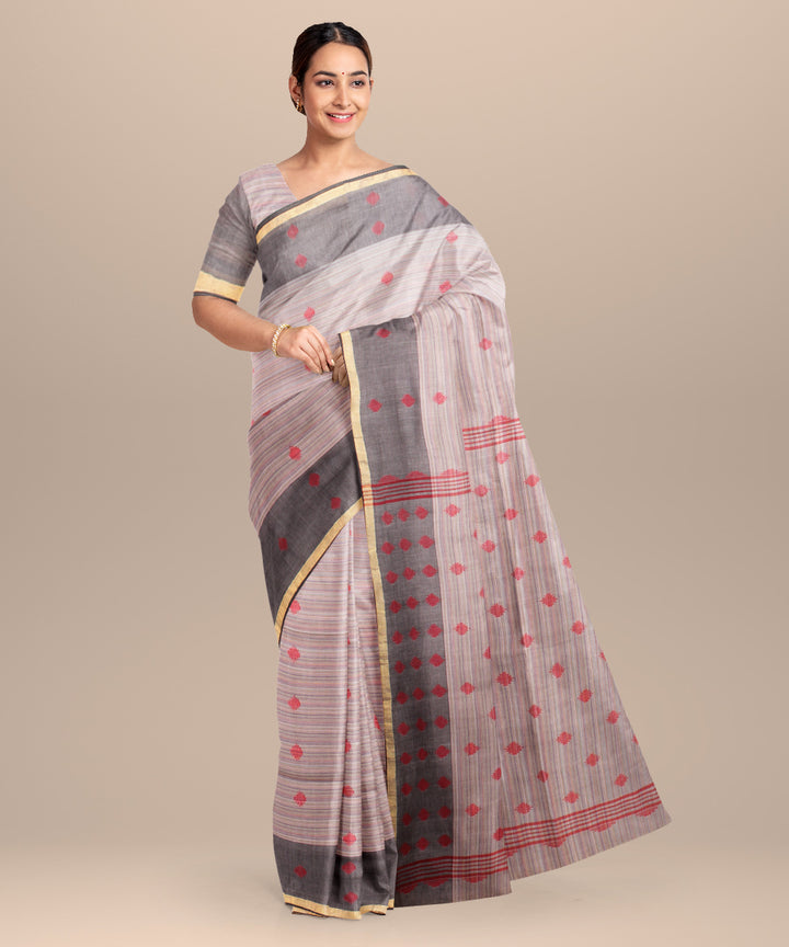 Grey red jamdani handloom cotton saree