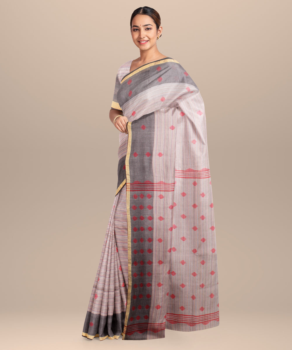 Grey red jamdani handloom cotton saree