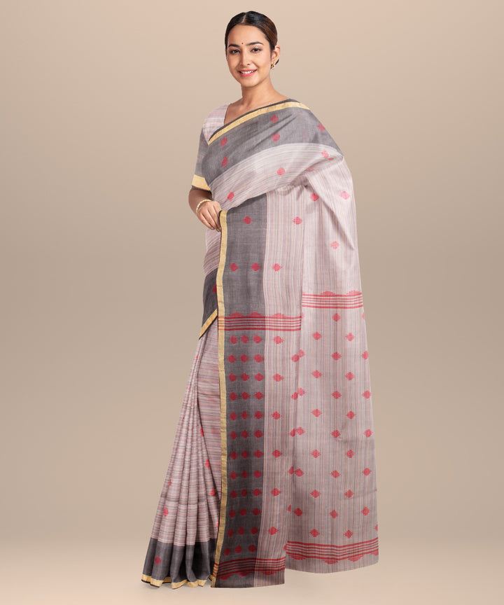 Grey red jamdani handloom cotton saree