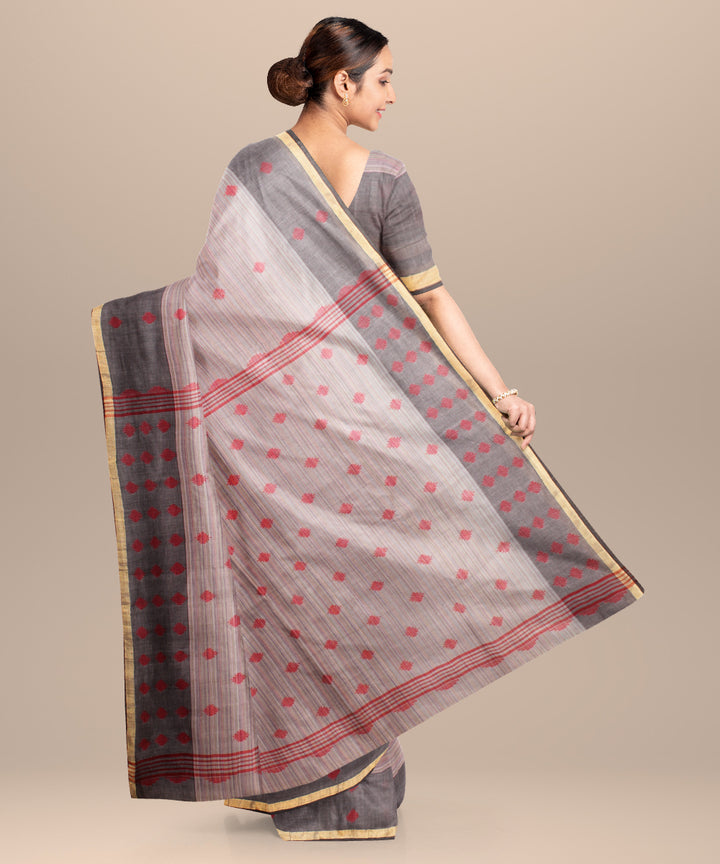 Grey red jamdani handloom cotton saree