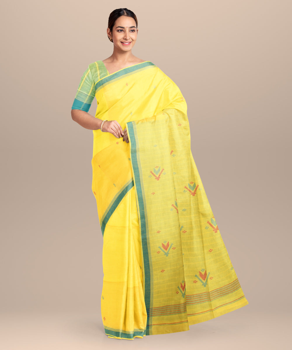Yellow blue handloom jamdani cotton saree