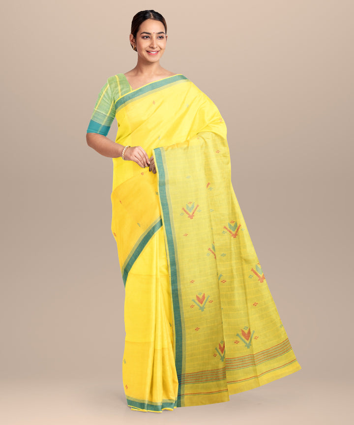 Yellow blue handloom jamdani cotton saree