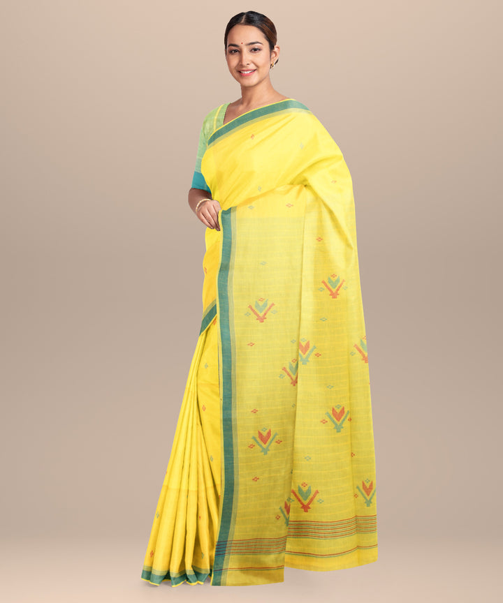 Yellow blue handloom jamdani cotton saree