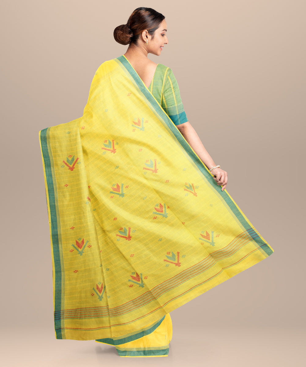 Yellow blue handloom jamdani cotton saree