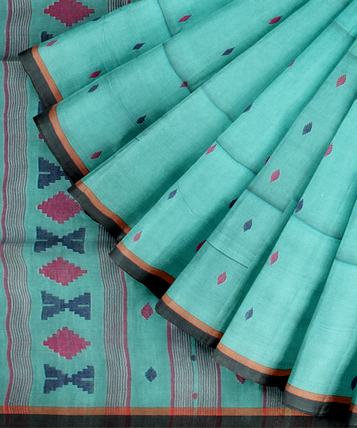 Sea green pink handloom jamdani cotton saree