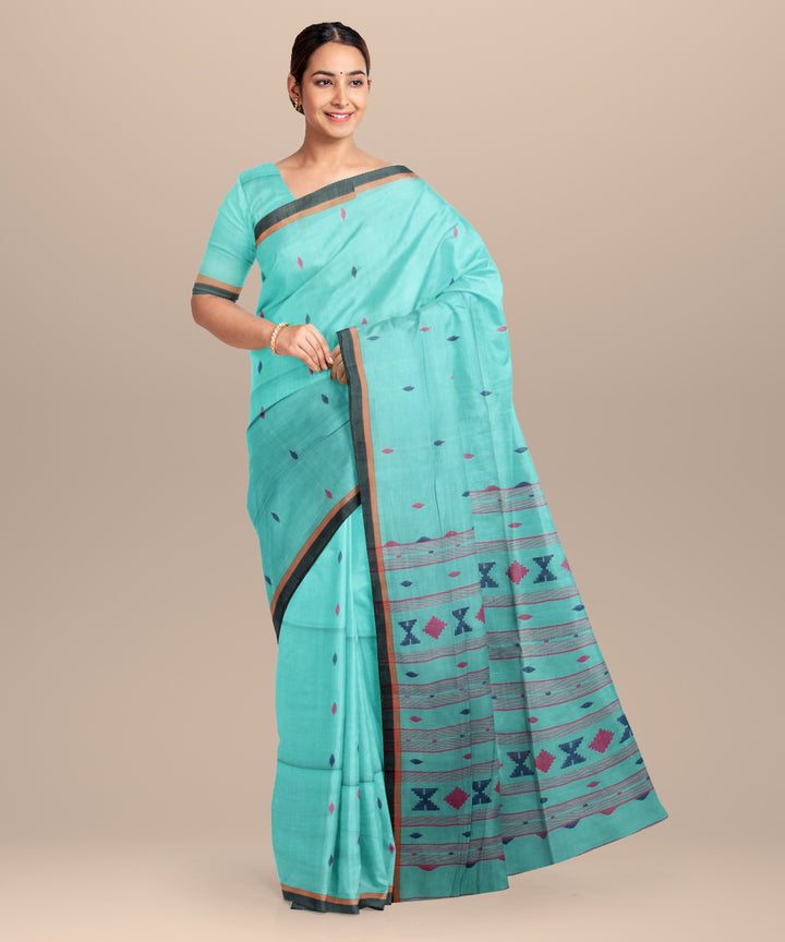 Sea green pink handloom jamdani cotton saree