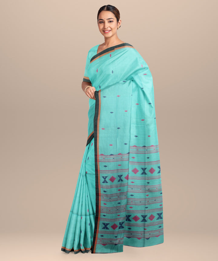 Sea green pink handloom jamdani cotton saree