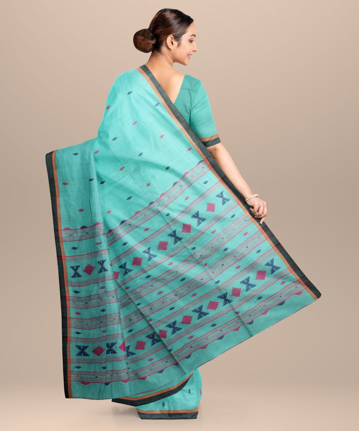 Sea green pink handloom jamdani cotton saree