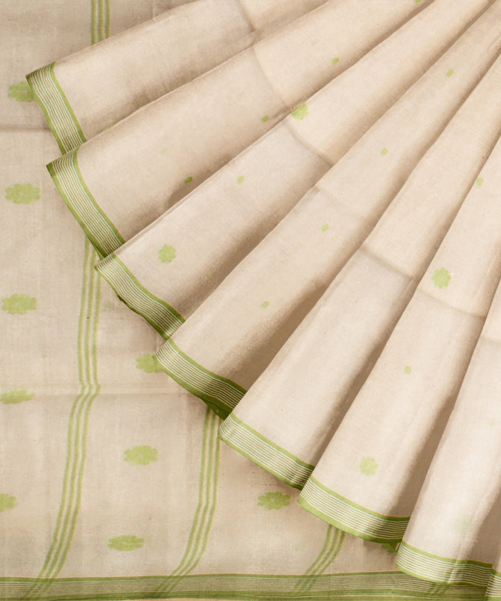 Off white green handloom jamdani cotton saree