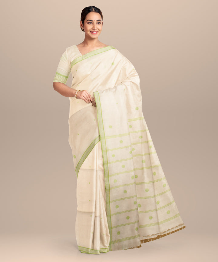Off white green handloom jamdani cotton saree