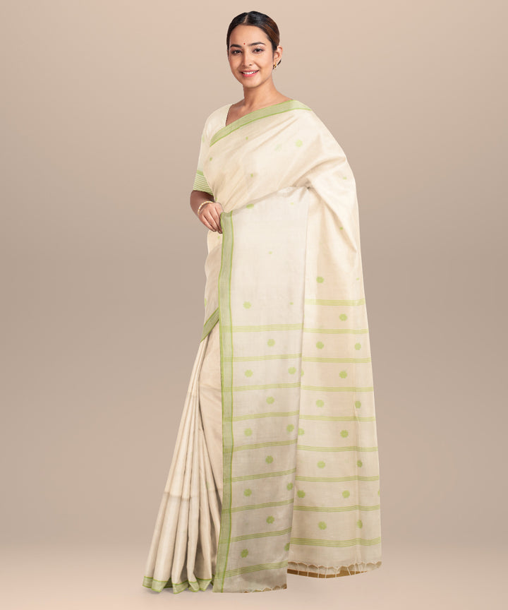 Off white green handloom jamdani cotton saree