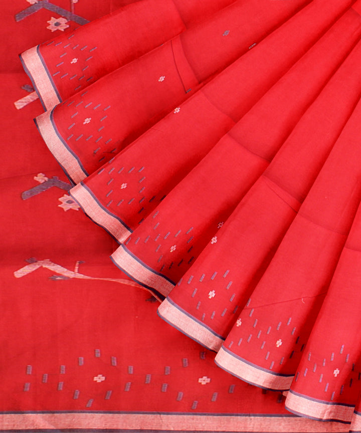 Red blue handloom jamdani cotton saree