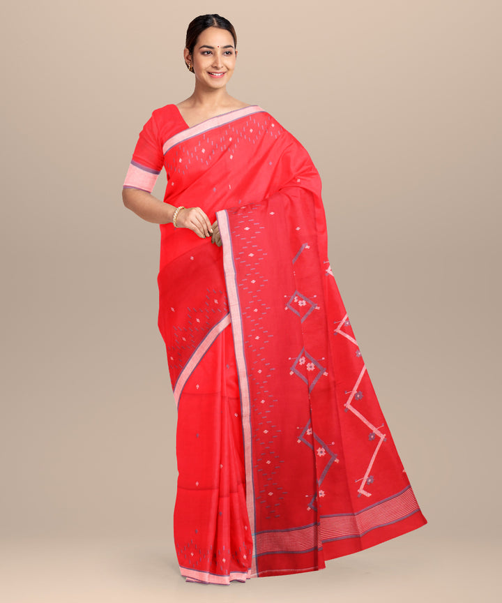 Red blue handloom jamdani cotton saree