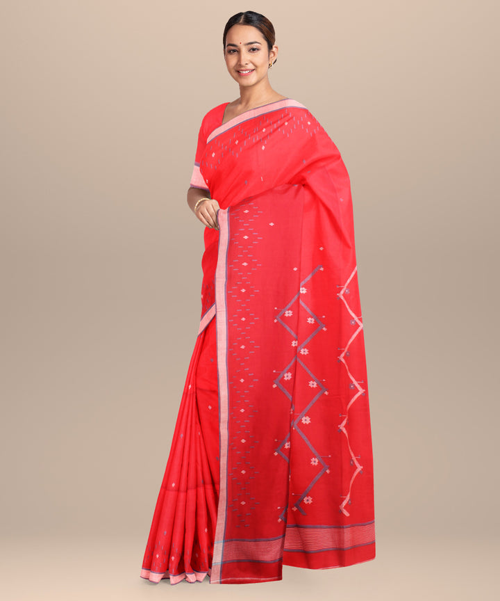 Red blue handloom jamdani cotton saree