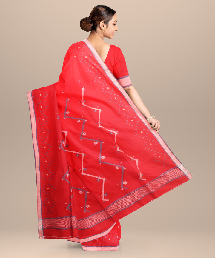 Red blue handloom jamdani cotton saree