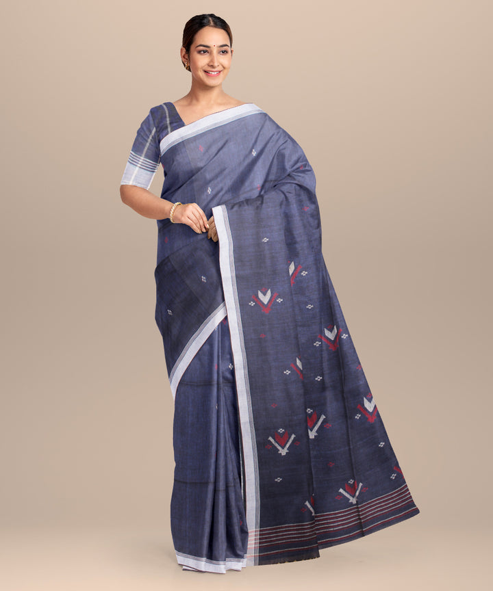Navy blue grey handloom jamdani cotton saree