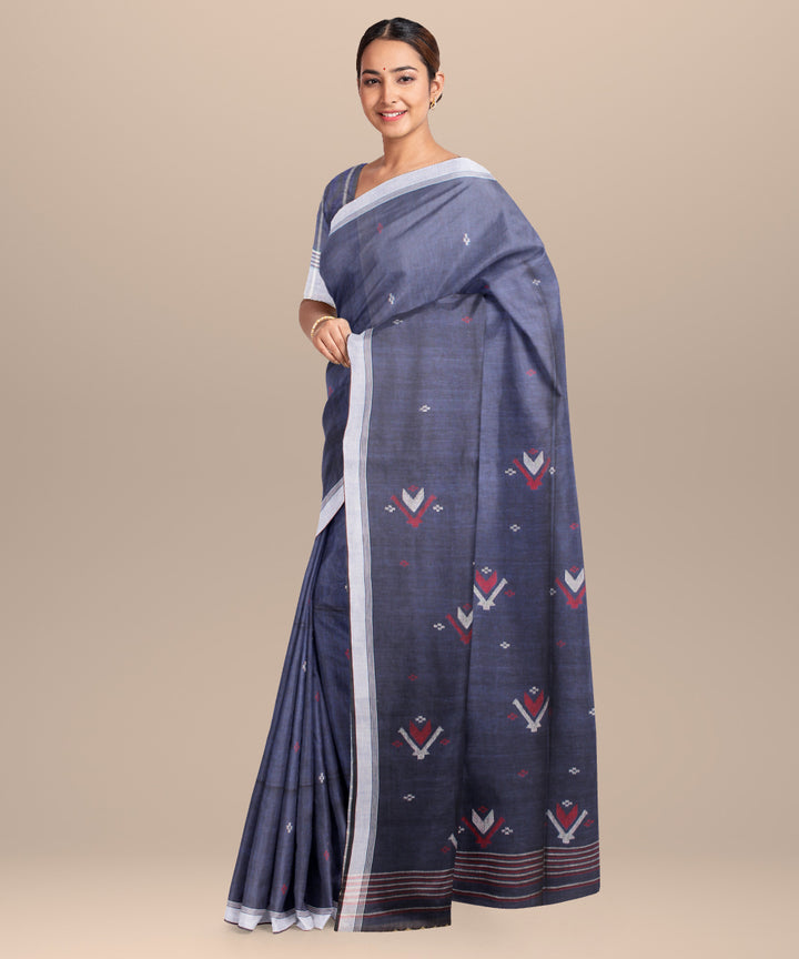 Navy blue grey handloom jamdani cotton saree