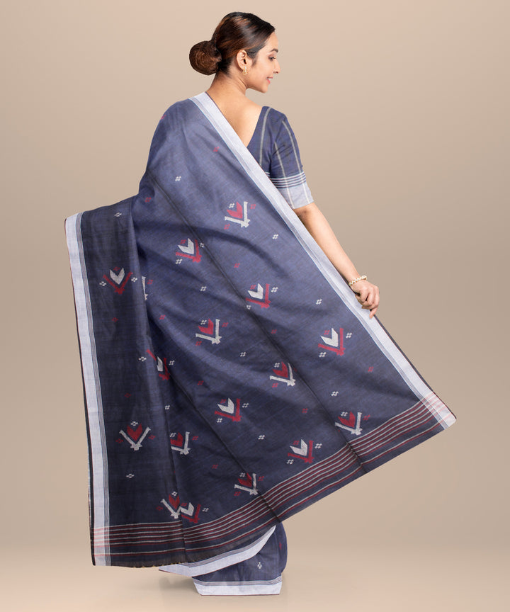 Navy blue grey handloom jamdani cotton saree