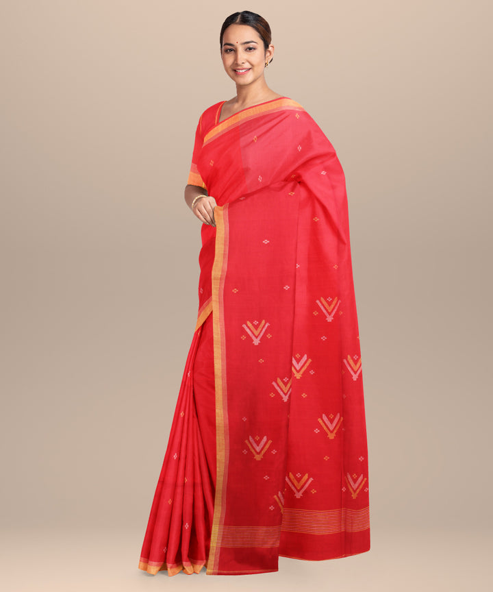Red yellow handloom jamdani cotton saree