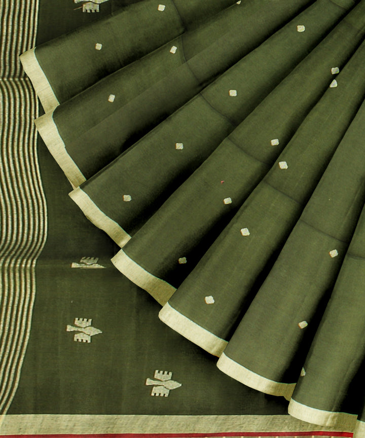 Olive green maroon handloom jamdani cotton saree