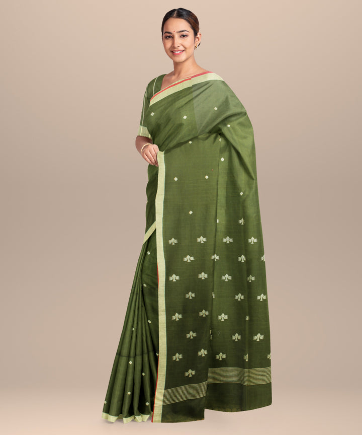 Olive green maroon handloom jamdani cotton saree