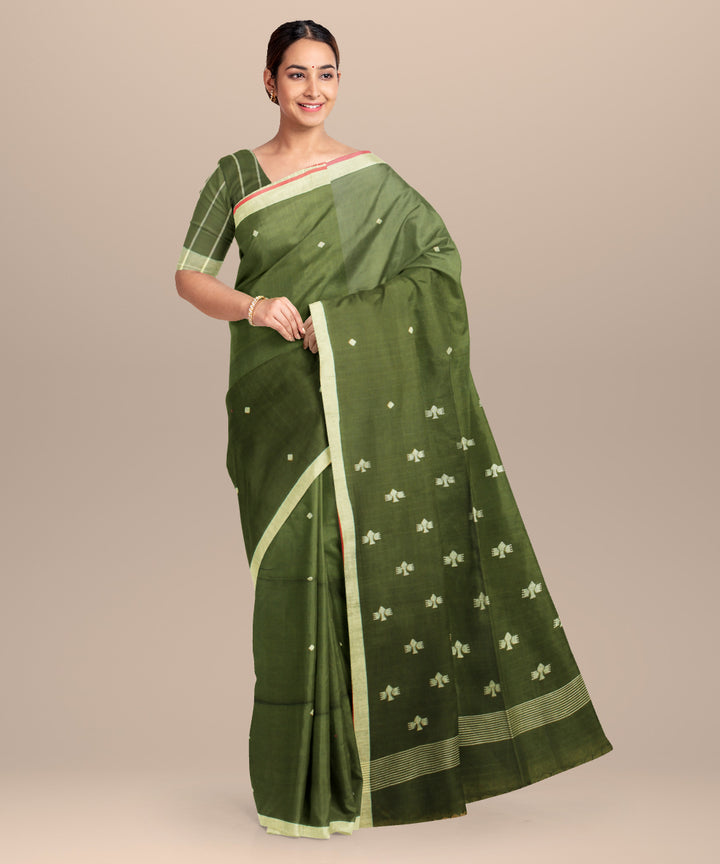 Olive green maroon handloom jamdani cotton saree