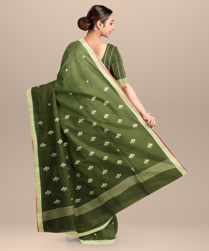 Olive green maroon handloom jamdani cotton saree