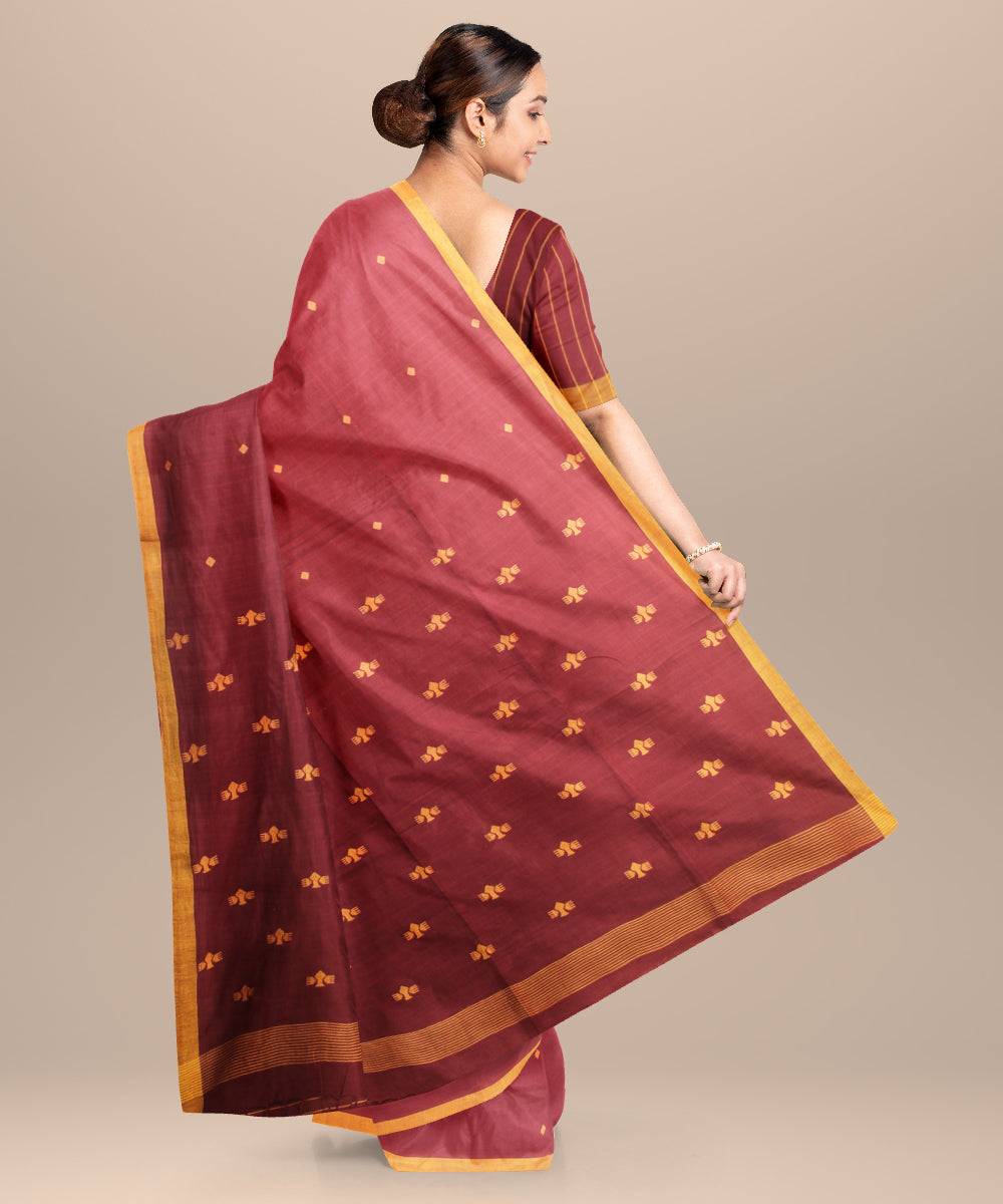 Deep brown yellow handloom jamdani cotton saree