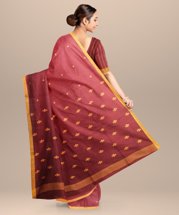 Deep brown yellow handloom jamdani cotton saree
