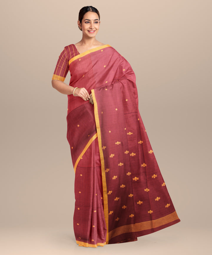 Deep brown yellow handloom jamdani cotton saree